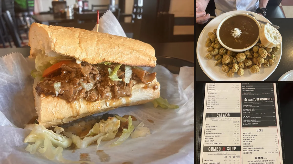Counter service area in a cozy po' boys spot.