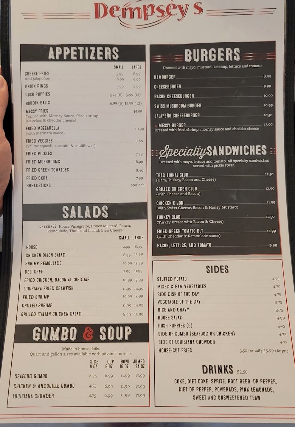 Menu page with drinks like tea and soft drinks.