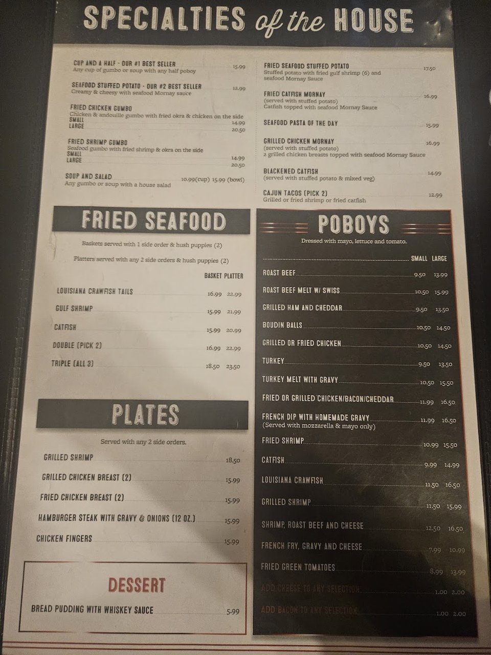 Drink section from a casual po' boys menu.